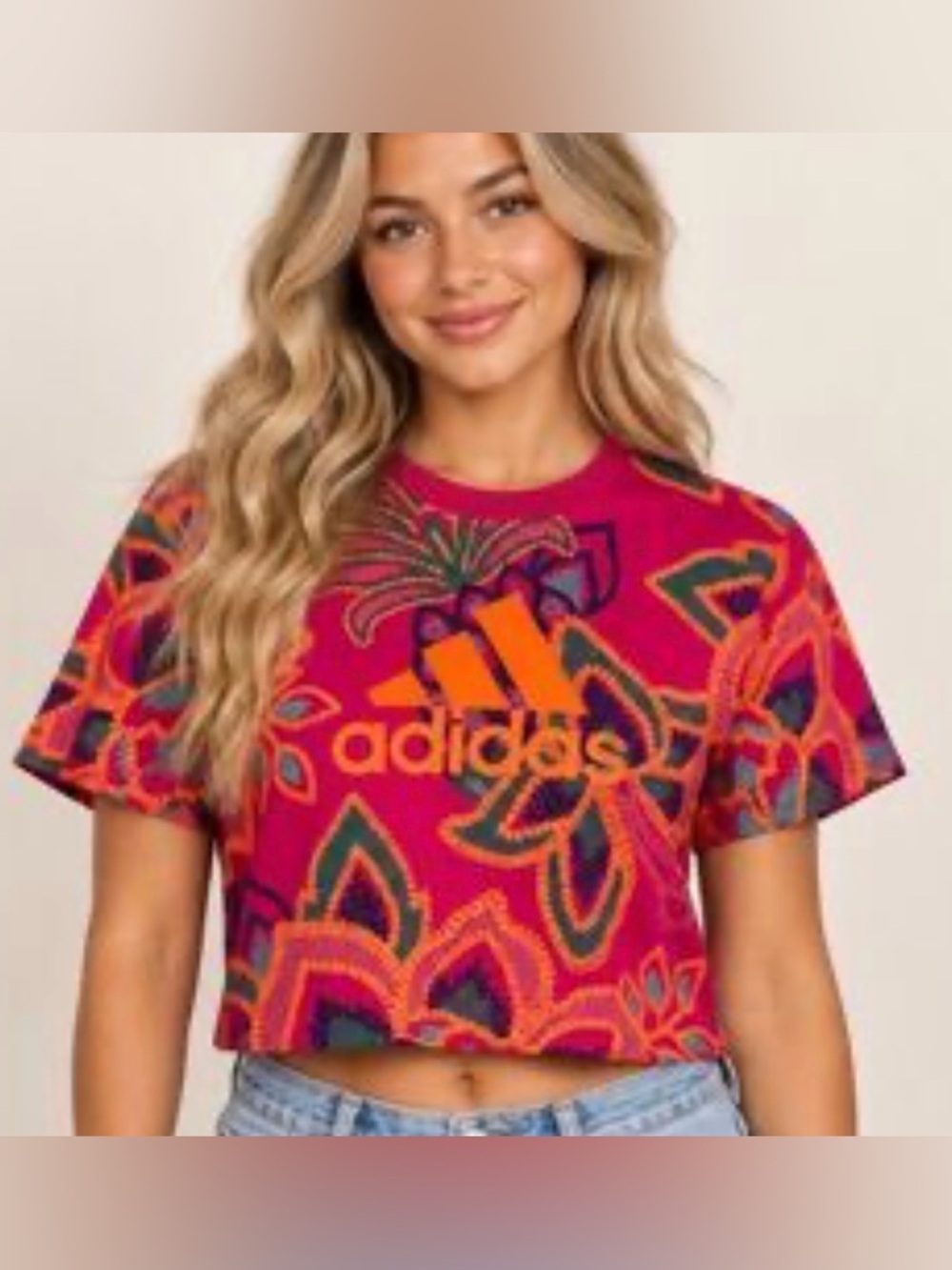 Adidas x Farm Rio Vivid Berry Tropical Cropped Graphic T-shirt